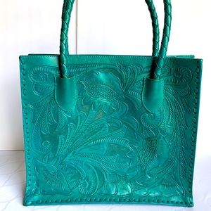 Alexandro Yeo Handcarved Turquoise Leather Tote 16 11/16” x 15” x 4 5/8”